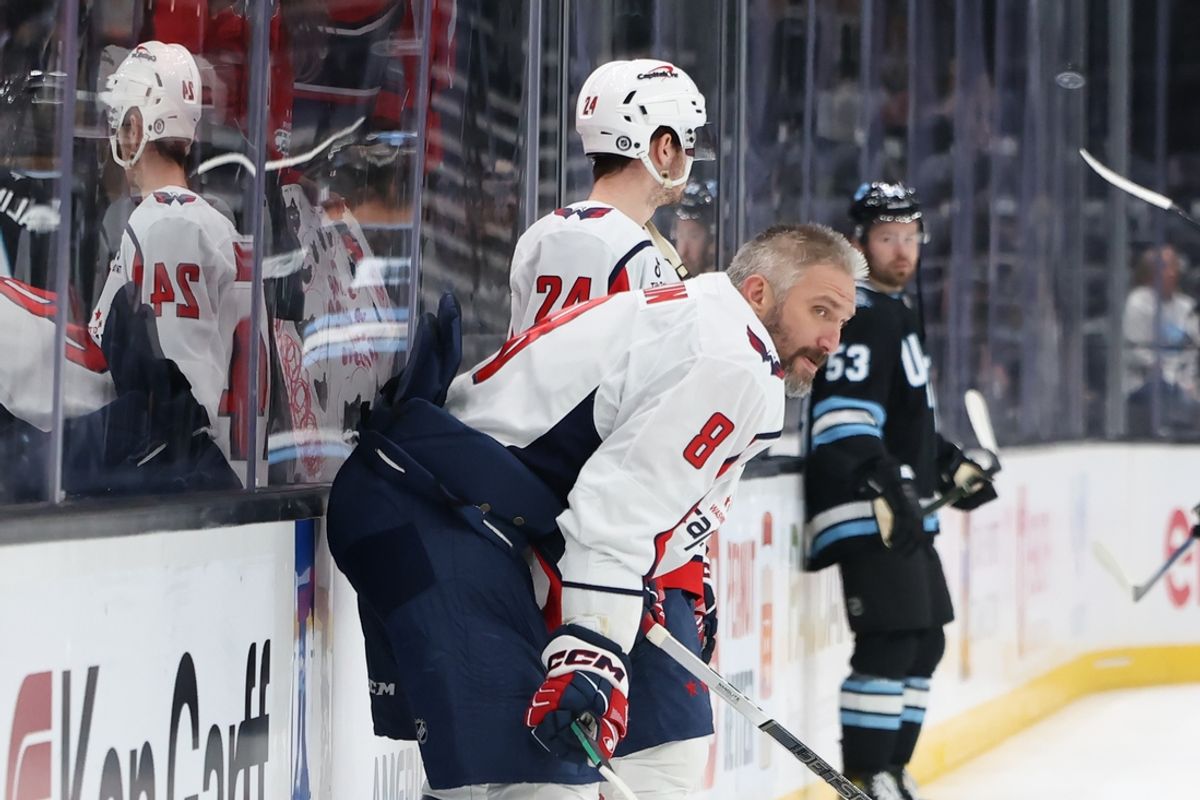 Nov 18, 2024; Salt Lake City, Utah, USA; Washington Capitals left wing Alex Ovechkin (8) warms up before the game against the Utah Hockey Club at Delta Center. Mandatory Credit: Rob Gray-Imagn Images