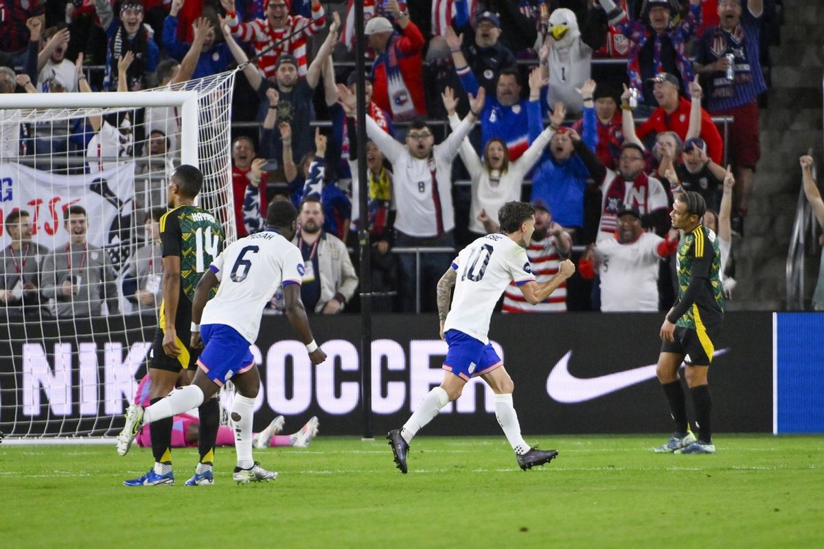 Nov 18, 2024; St. Louis, Missouri, USA;  United States forward Christian Pulisic (10) reacts after scoring against Jamaica during the first half at CITYPark. Mandatory Credit: Jeff Curry-Imagn Images