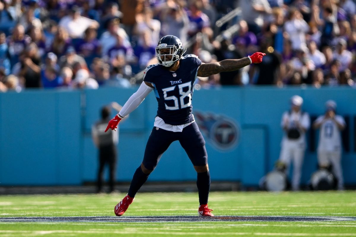 Nov 17, 2024; Nashville, Tennessee, USA;  Tennessee Titans linebacker Harold Landry III (58) celebrates the fumble recovery against the Minnesota Vikings during the first half at Nissan Stadium. Mandatory Credit: Steve Roberts-Imagn Images