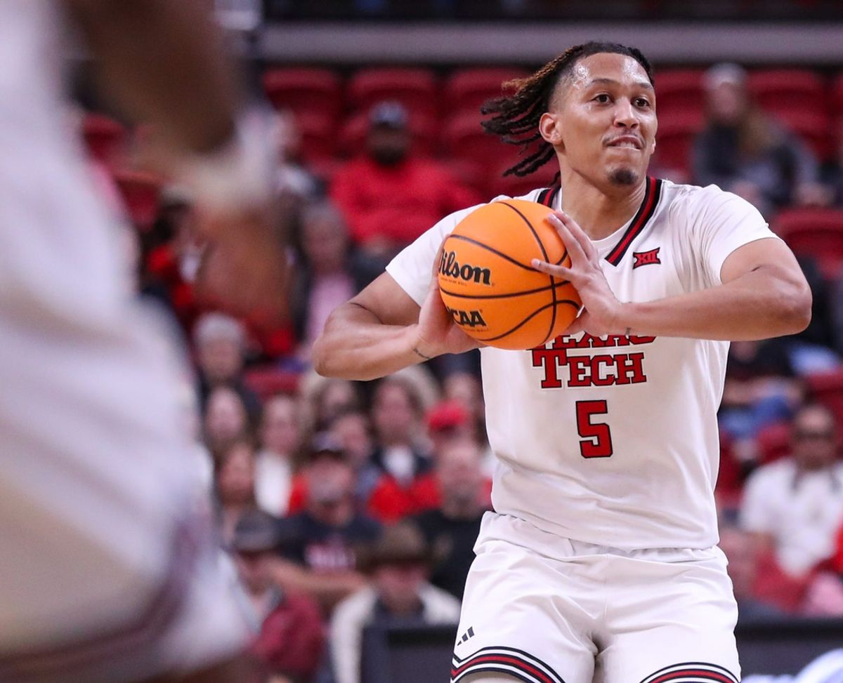 Texas Tech's Darrion Williams prepares to pass against Arkansas-Pine Bluff during a non-conference basketball game, Monday, Nov. 18, 2024, at United Supermarkets Arena.