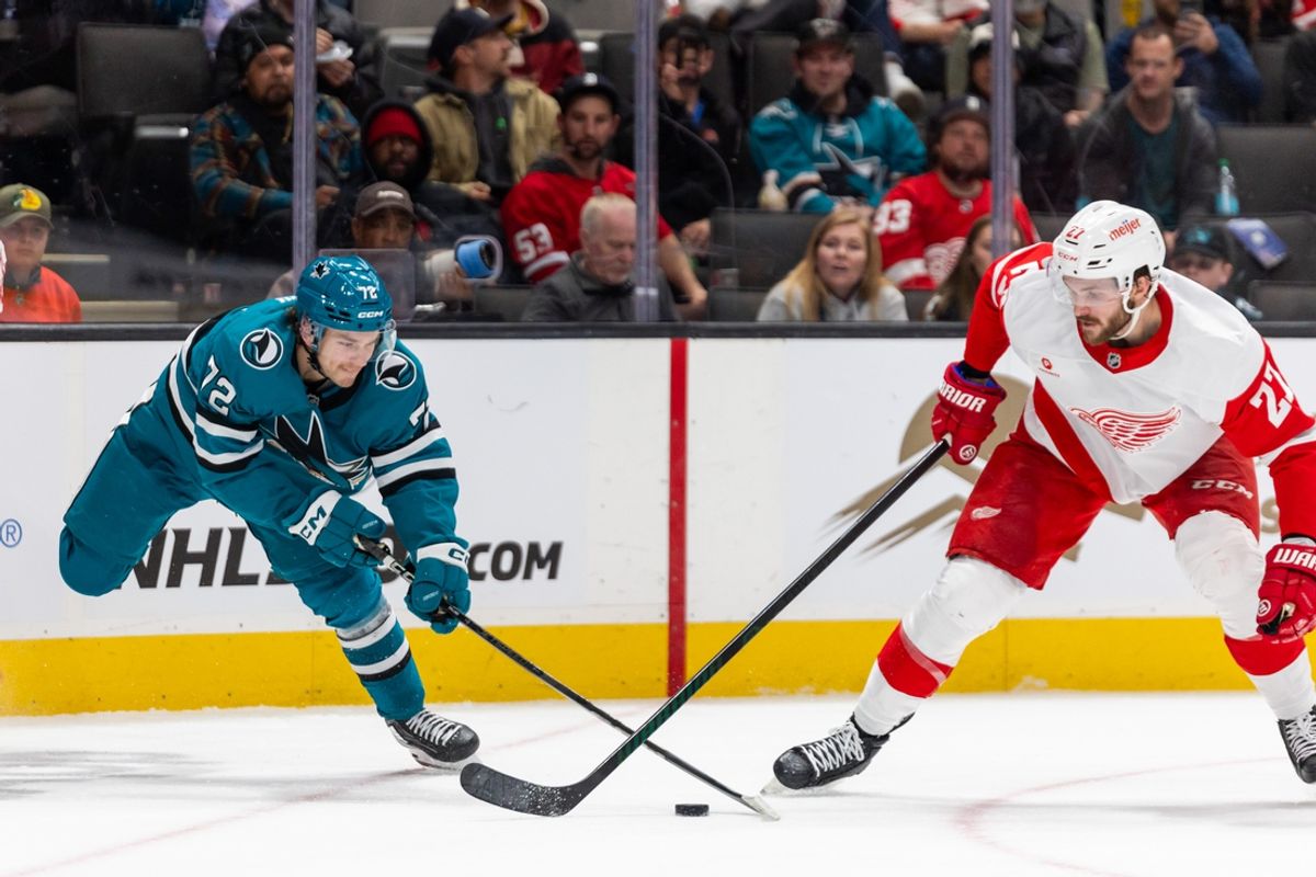 Nov 18, 2024; San Jose, California, USA; San Jose Sharks left wing William Eklund (72) shoots the puck during the second period against the Detroit Red Wings at SAP Center at San Jose. Mandatory Credit: Bob Kupbens-Imagn Images