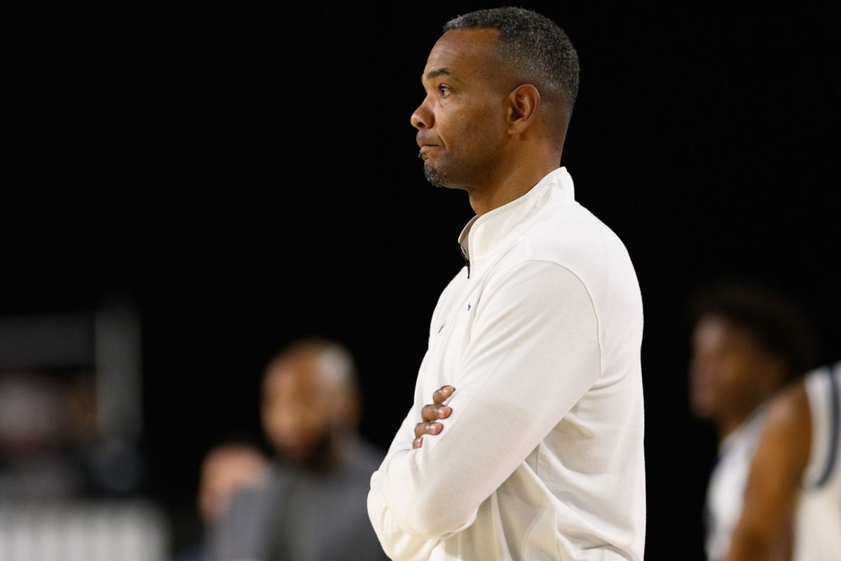 Nov 15, 2024; Baltimore, Maryland, USA; Virginia Cavaliers head coach Ron Sanchez looks on during the first half against against the Villanova Wildcats at CFG Bank Arena. Mandatory Credit: Reggie Hildred-Imagn Images