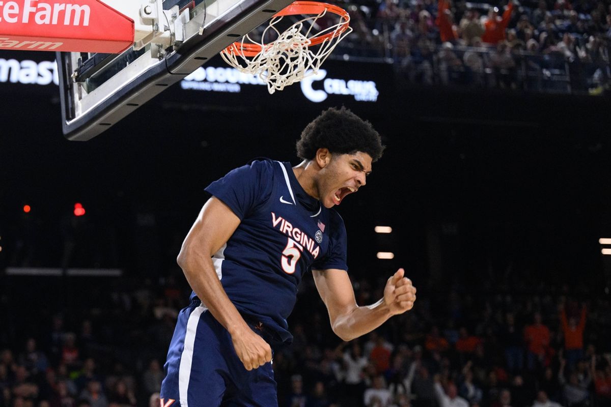 Virginia Cavaliers forward Jacob Cofie (5) dunks the ball during the second half against the Villanova Wildcats at CFG Bank Arena. Mandatory Credit: Reggie Hildred-Imagn Images