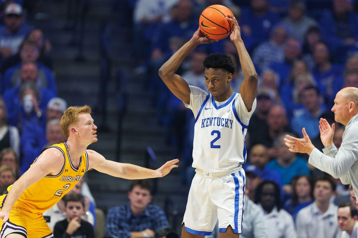 Nov 19, 2024; Lexington, Kentucky, USA; Kentucky Wildcats guard Jaxson Robinson (2) holds the ball during the first half against the Lipscomb Bisons at Rupp Arena at Central Bank Center. Mandatory Credit: Jordan Prather-Imagn Images