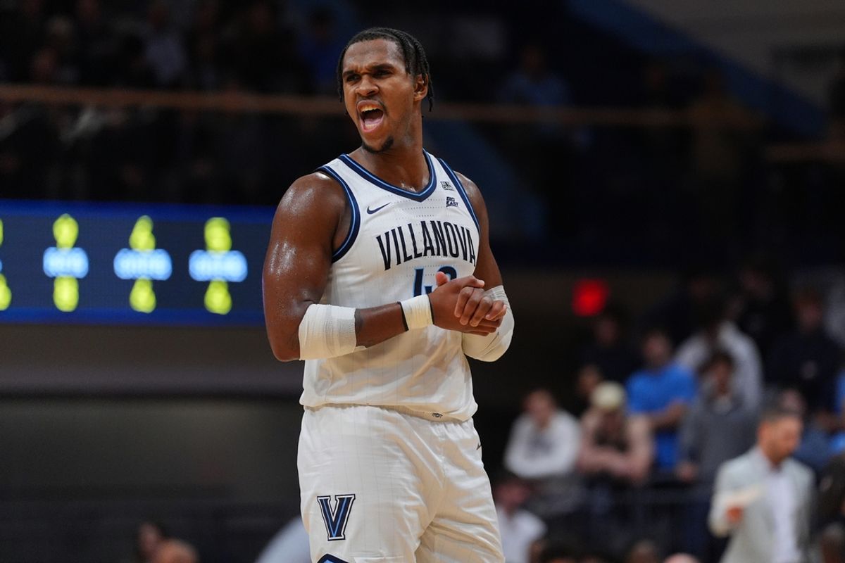 Nov 19, 2024; Villanova, Pennsylvania, USA; Villanova Wildcats forward Eric Dixon (43) reacts against the Penn Quakers in the first half at William B. Finneran Pavilion. Mandatory Credit: Kyle Ross-Imagn Images