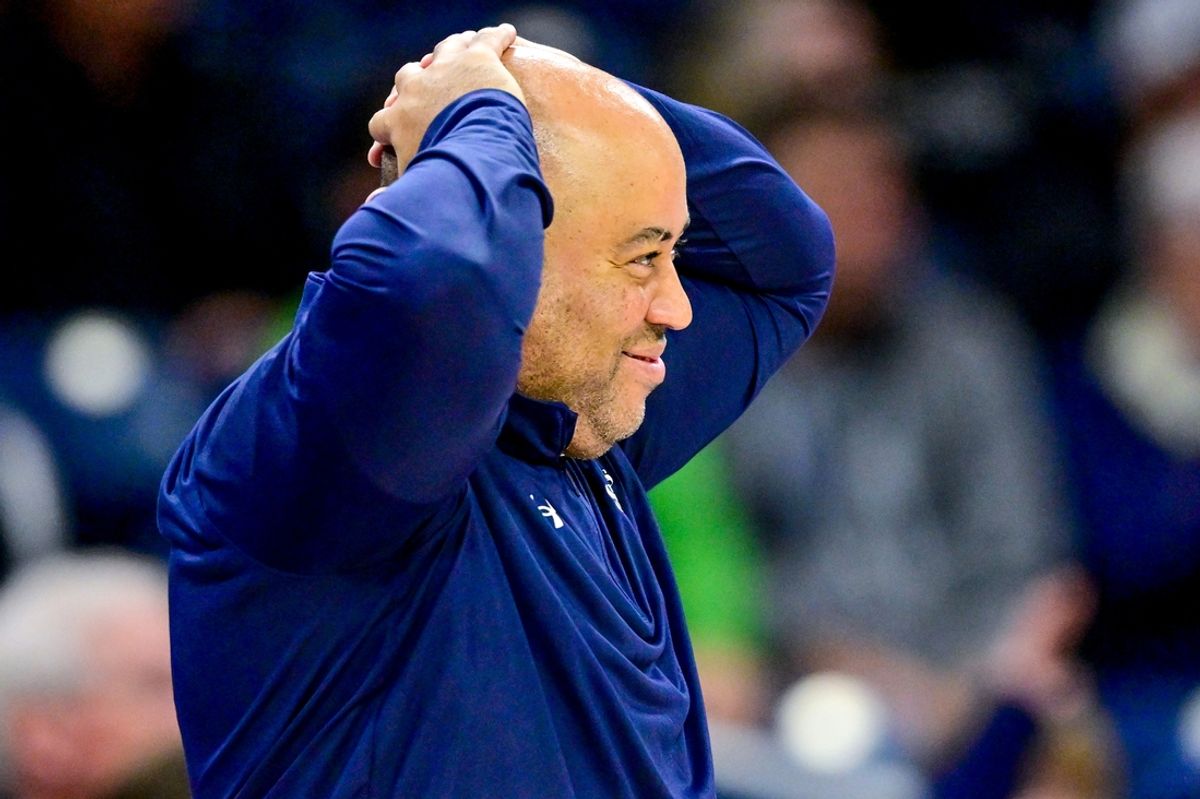 Nov 19, 2024; South Bend, Indiana, USA; Notre Dame Fighting Irish head coach Micah Shrewsberry watches in the second half against the North Dakota Fighting Hawks at the Purcell Pavilion. Mandatory Credit: Matt Cashore-Imagn Images