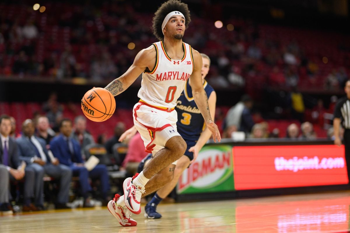 Nov 19, 2024; College Park, Maryland, USA; Maryland Terrapins guard Ja'Kobi Gillespie (0) handles the ball against the Canisius Golden Griffins during the second half at Xfinity Center. Mandatory Credit: Reggie Hildred-Imagn Images