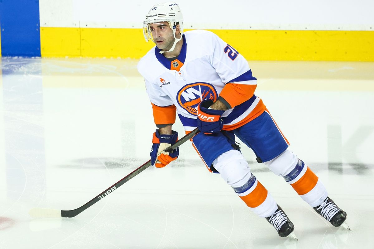 Nov 19, 2024; Calgary, Alberta, CAN; New York Islanders center Kyle Palmieri (21) skates during the warmup period against the Calgary Flames at Scotiabank Saddledome. Mandatory Credit: Sergei Belski-Imagn Images