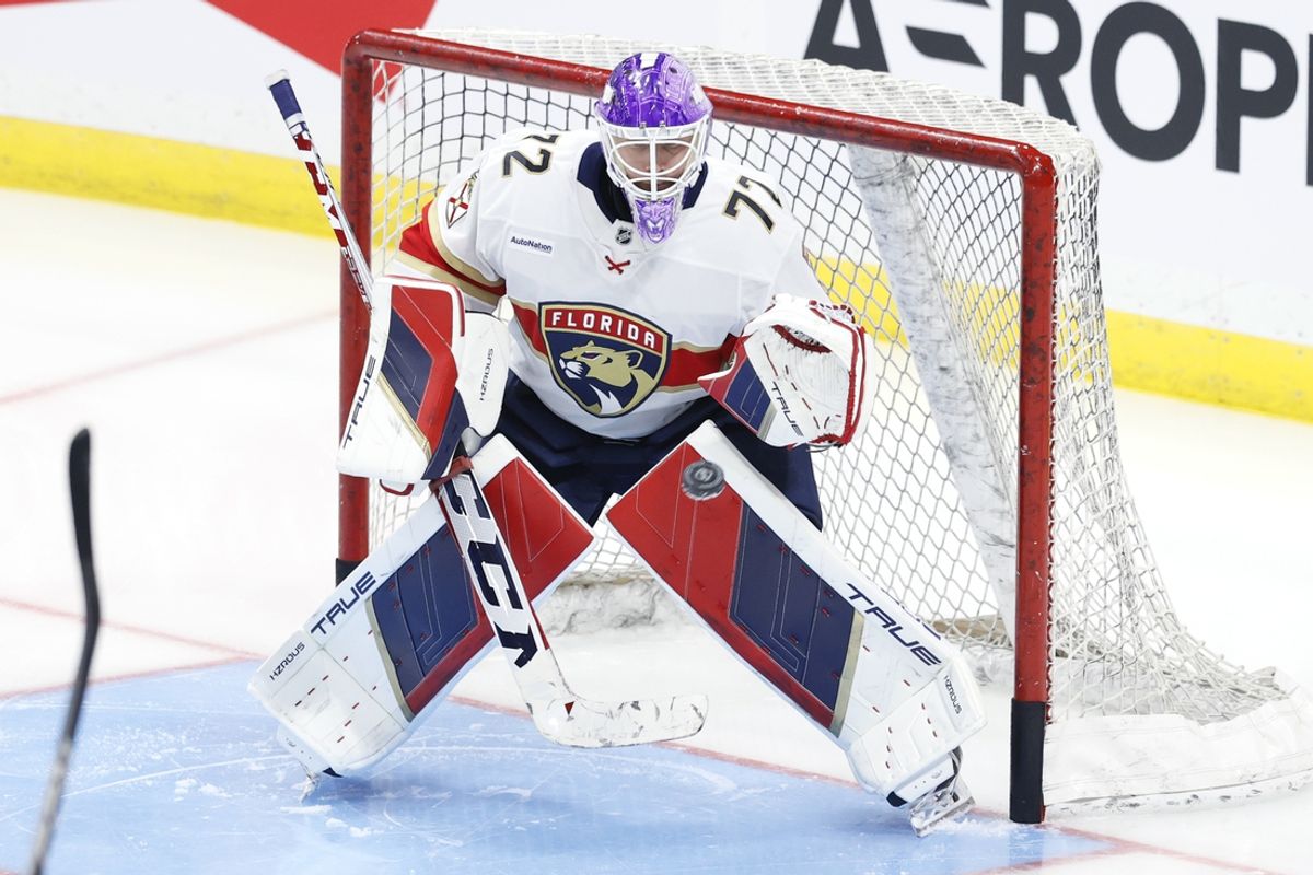 Nov 19, 2024; Winnipeg, Manitoba, CAN; Florida Panthers goaltender Sergei Bobrovsky (72) warms up before a game against the Winnipeg Jets at Canada Life Centre. Mandatory Credit: James Carey Lauder-Imagn Images
