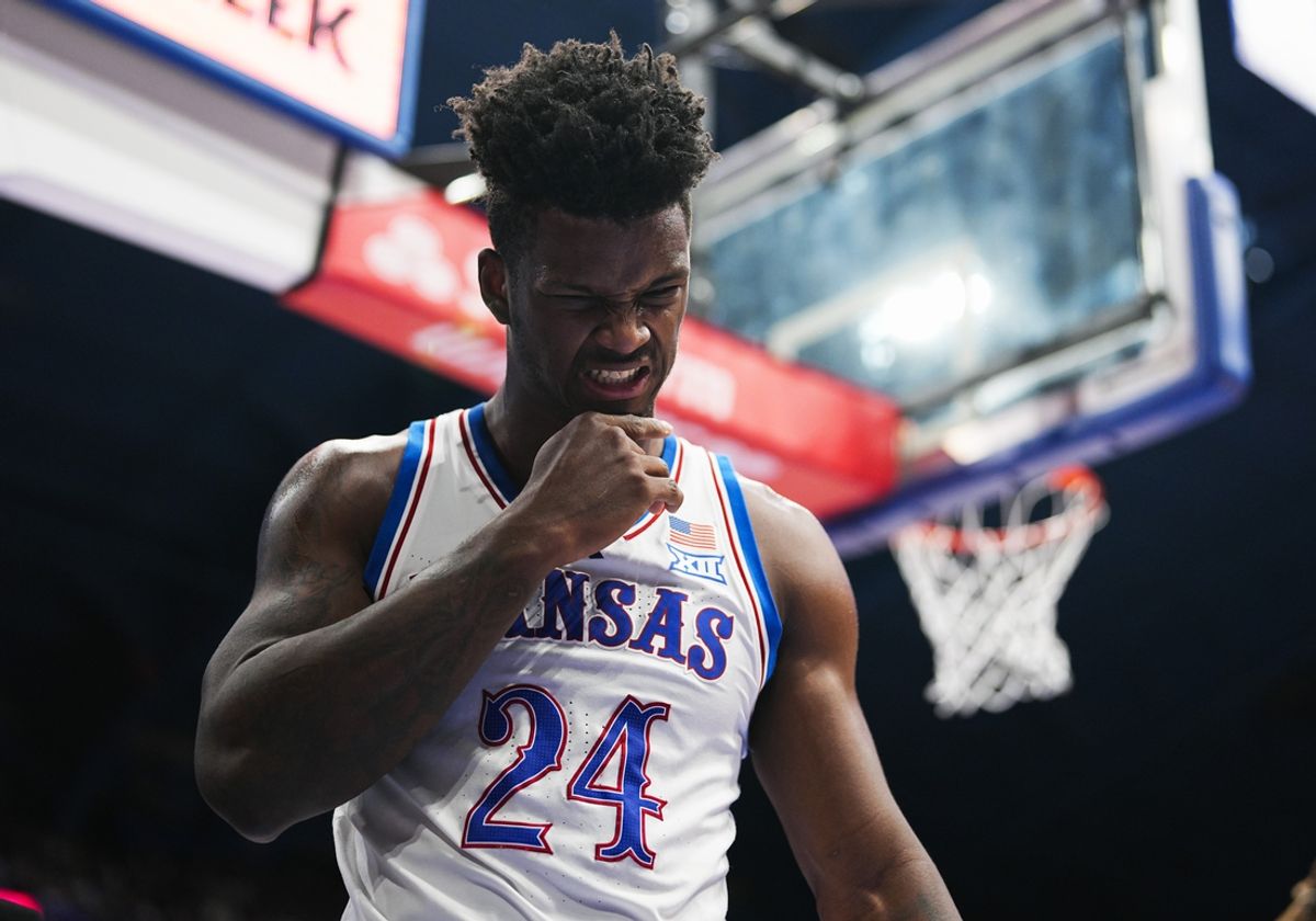 Nov 19, 2024; Lawrence, Kansas, USA; Kansas Jayhawks forward KJ Adams Jr. (24) reacts after a play during the first half against the North Carolina-Wilmington Seahawks at Allen Fieldhouse. Mandatory Credit: Jay Biggerstaff-Imagn Images
