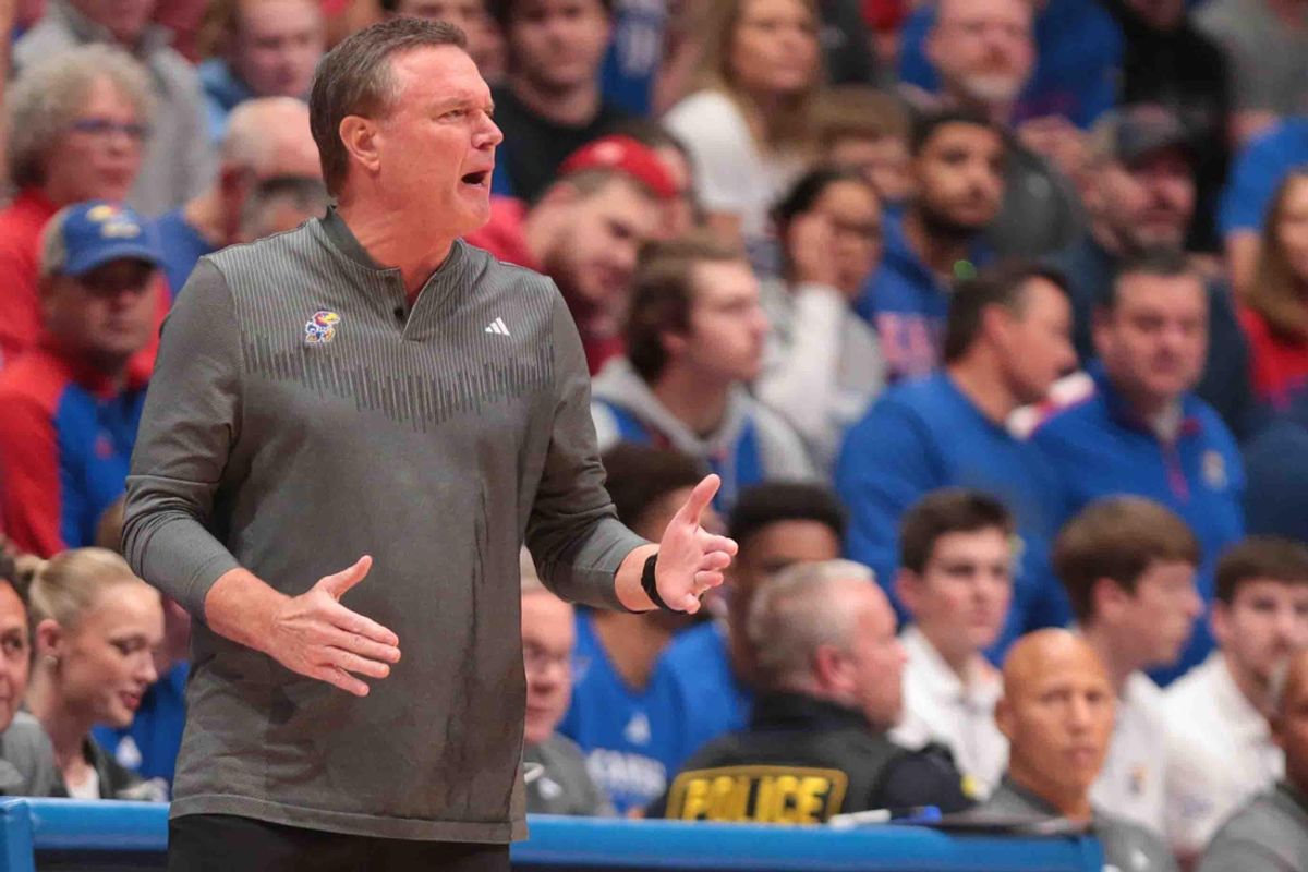 Kansas Jayhawks head coach Bill Self yells out to players during the first half of the game against North Carolina-Wilmington Seahawks inside Allen Fieldhouse Tuesday, Nov. 19, 2024.