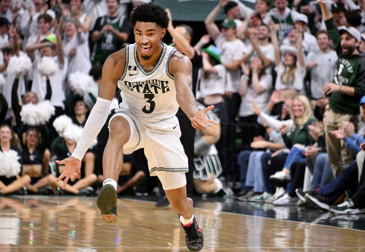 Nov 19, 2024; East Lansing, Michigan, USA;  Michigan State Spartans guard Jaden Akins (3) celebrates a three point shot during the first half against the Samford Bulldogs at Jack Breslin Student Events Center. Mandatory Credit: Dale Young-Imagn Images