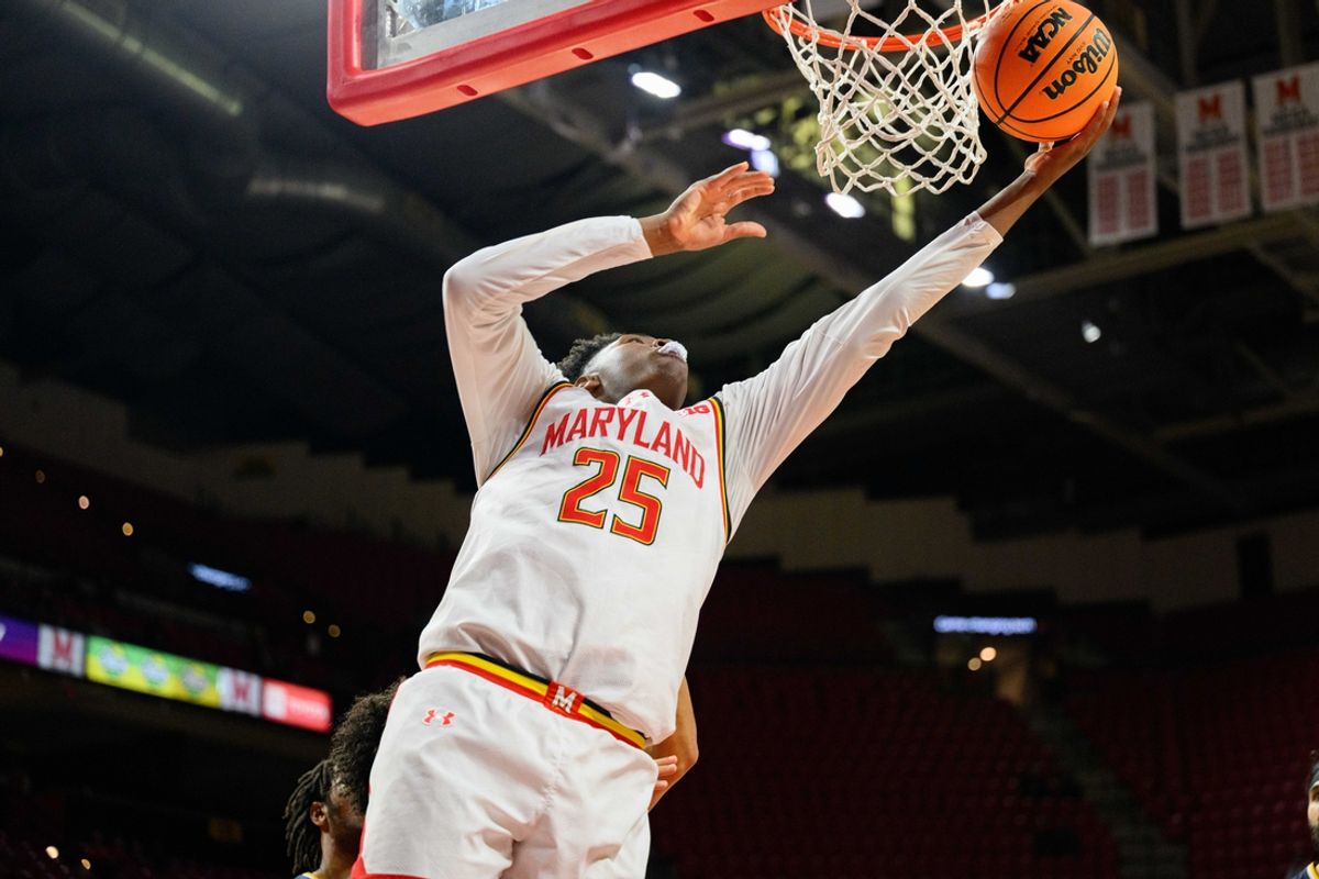 Nov 19, 2024; College Park, Maryland, USA; Maryland Terrapins center Derik Queen (25) shoots a lay up during the second half against the Canisius Golden Griffins at Xfinity Center. Mandatory Credit: Reggie Hildred-Imagn Images