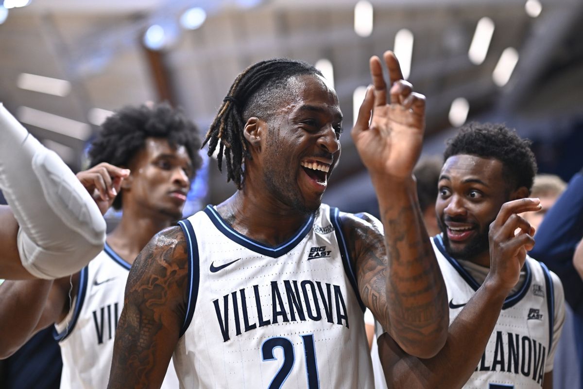 Nov 19, 2024; Villanova, Pennsylvania, USA; Villanova Wildcats forward Nnanna Njoku (21) reacts with teammates after the game against the Penn Quakers at William B. Finneran Pavilion. Mandatory Credit: Kyle Ross-Imagn Images