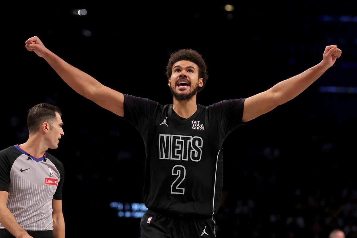 Nov 19, 2024; Brooklyn, New York, USA; Brooklyn Nets forward Cameron Johnson (2) reacts during the fourth quarter against the Charlotte Hornets at Barclays Center. Mandatory Credit: Brad Penner-Imagn Images