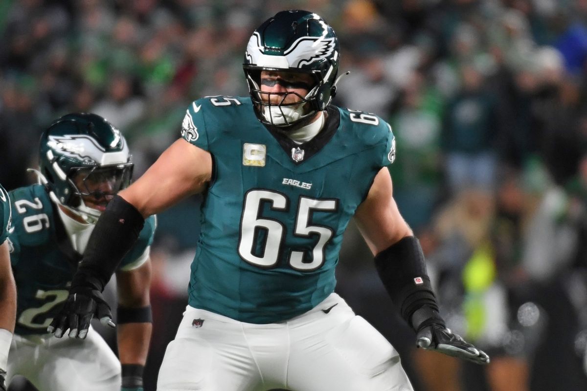 Nov 14, 2024; Philadelphia, Pennsylvania, USA; Philadelphia Eagles offensive tackle Lane Johnson (65) against the Washington Commanders at Lincoln Financial Field. Mandatory Credit: Eric Hartline-Imagn Images
