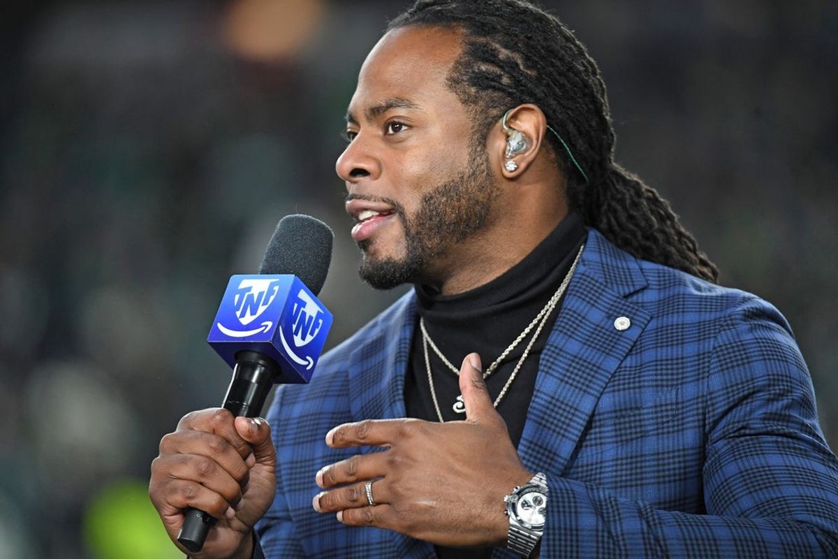 Nov 14, 2024; Philadelphia, Pennsylvania, USA; Thursday Night Football announce Richard Sherman during pregame show between Philadelphia Eagles and Washington Commanders at Lincoln Financial Field. Mandatory Credit: Eric Hartline-Imagn Images