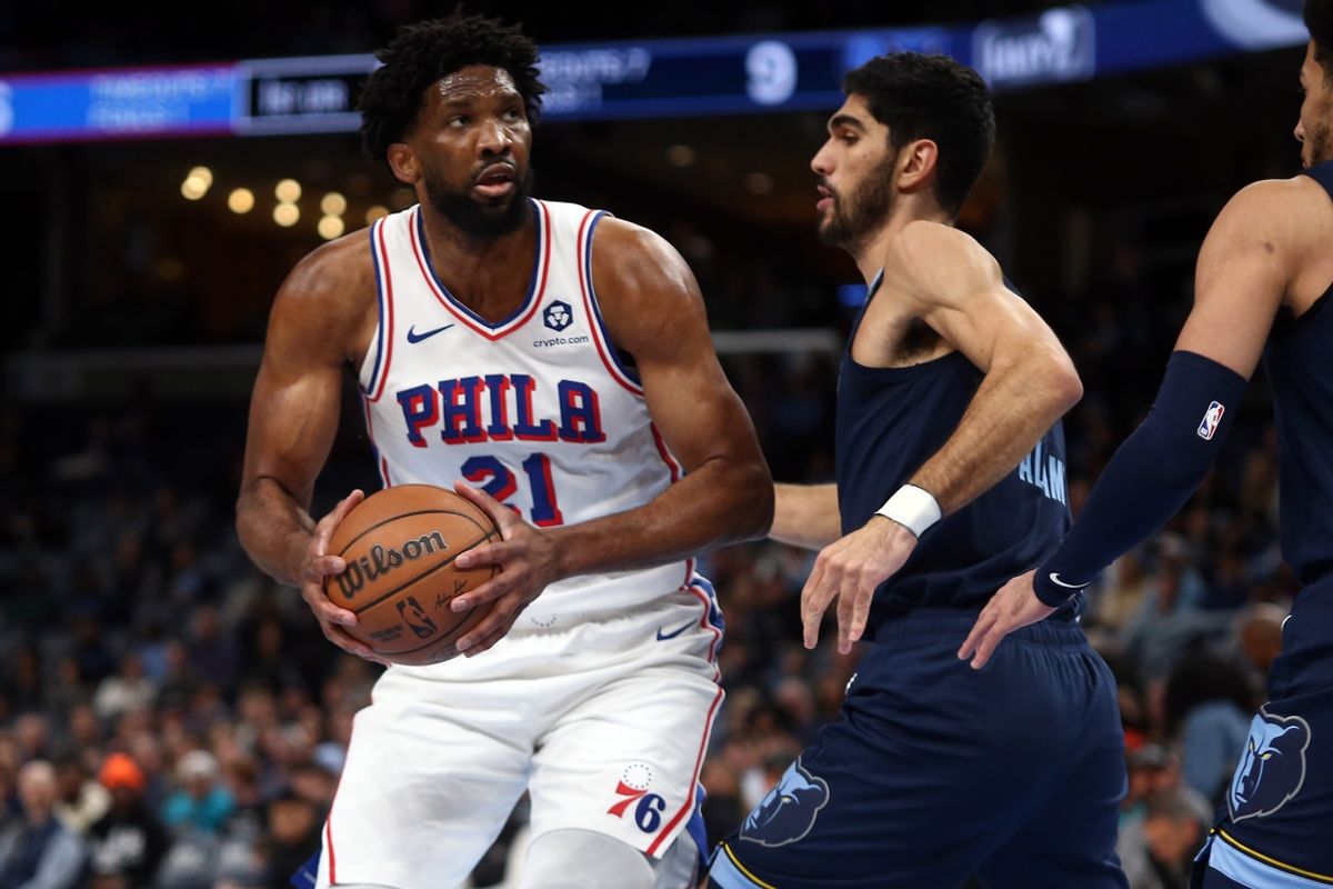 Nov 20, 2024; Memphis, Tennessee, USA; Philadelphia 76ers center Joel Embiid (21) battles for position against Memphis Grizzlies forward Santi Aldama (7) during the first half at FedExForum. Mandatory Credit: Petre Thomas-Imagn Images