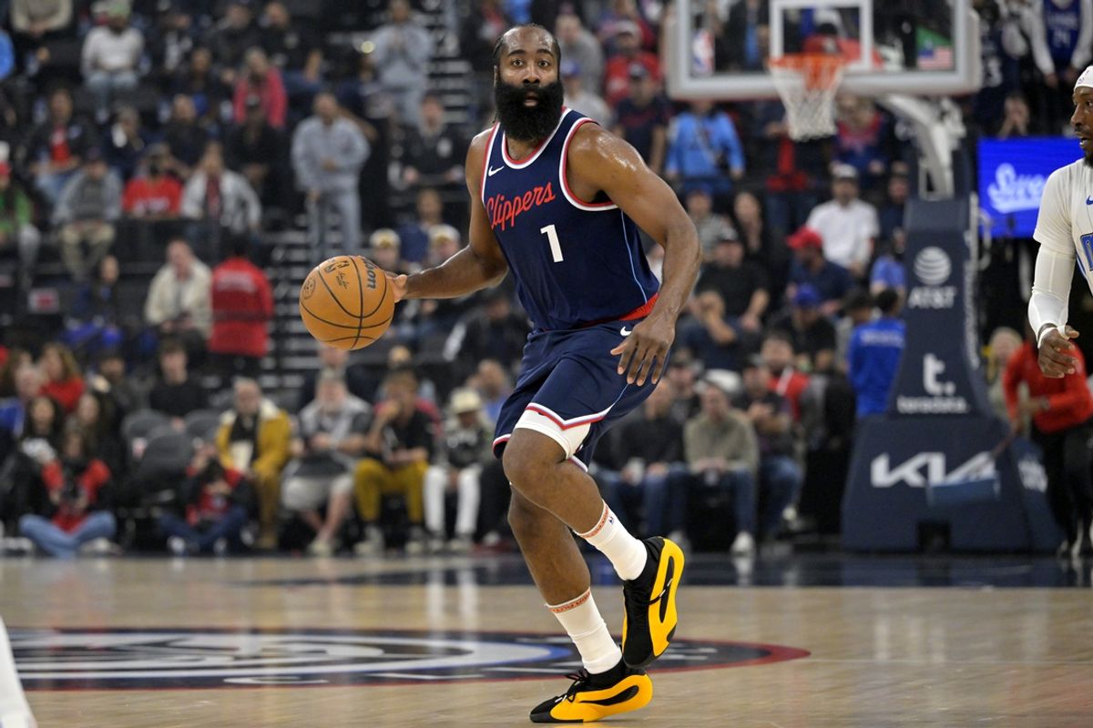 Nov 20, 2024; Inglewood, California, USA;  Los Angeles Clippers guard James Harden (1) handles the ball in the first half at Intuit Dome. Mandatory Credit: Jayne Kamin-Oncea-Imagn Images