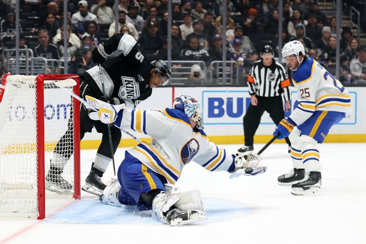Nov 20, 2024; Los Angeles, California, USA;  Buffalo Sabres goaltender Ukko-Pekka Luukkonen (1) defends the goal during the second period against the Los Angeles Kings at Crypto.com Arena. Mandatory Credit: Kiyoshi Mio-Imagn Images