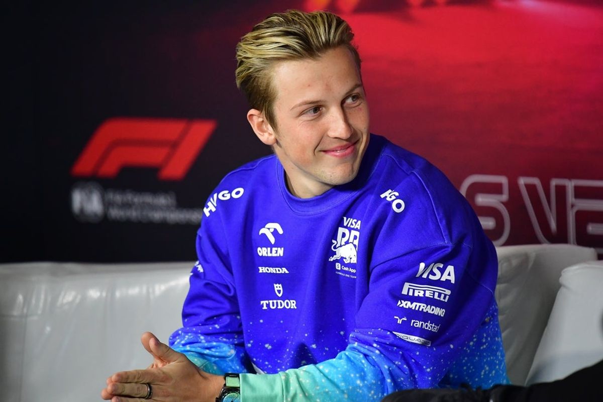 Nov 20, 2024; Las Vegas, Nevada, USA; Visa Cash App RB driver Liam Lawson (30) during media availabilities at Las Vegas Circuit. Mandatory Credit: Gary A. Vasquez-Imagn Images