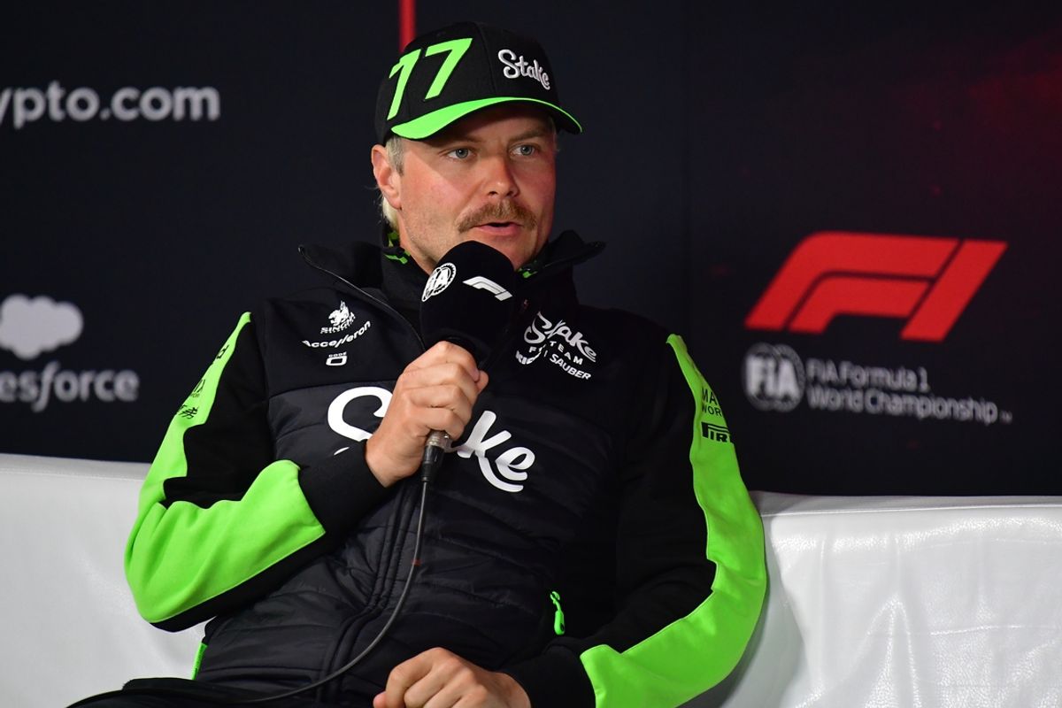 Nov 20, 2024; Las Vegas, Nevada, USA; Stake F1 Sauber driver Valtteri Bottas (77) during media availabilities at Las Vegas Circuit. Mandatory Credit: Gary A. Vasquez-Imagn Images