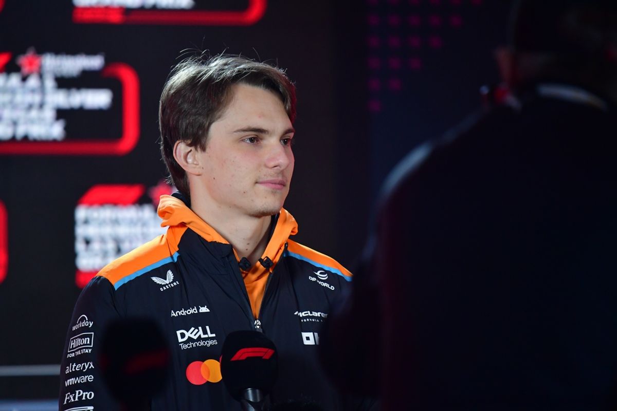 Nov 20, 2024; Las Vegas, Nevada, USA; McLaren Team driver Oscar Piastri (81) during media availalbilities at Las Vegas Circuit. Mandatory Credit: Gary A. Vasquez-Imagn Images