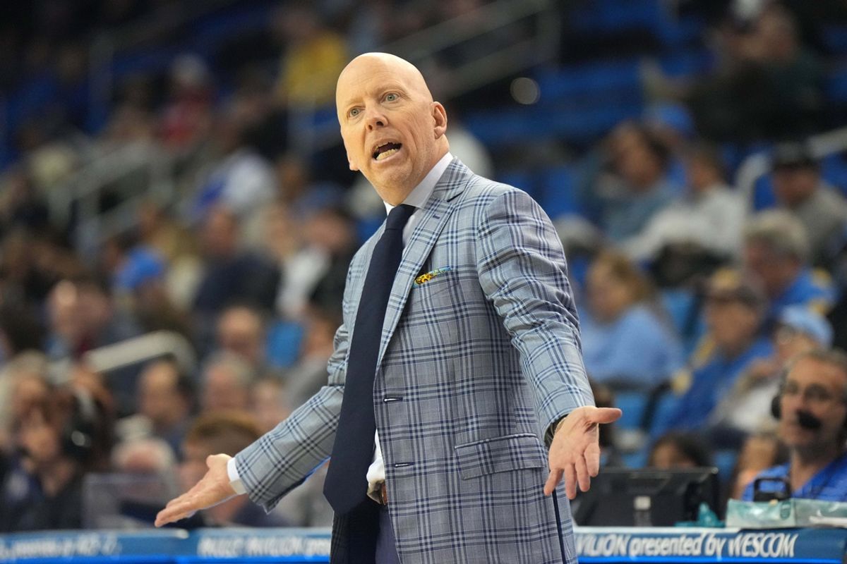 Nov 20, 2024; Los Angeles, California, USA; UCLA Bruins head coach Mick Cronin reacts against the Idaho State Bengals in the first half at Pauley Pavilion presented by Wescom. Mandatory Credit: Kirby Lee-Imagn Images