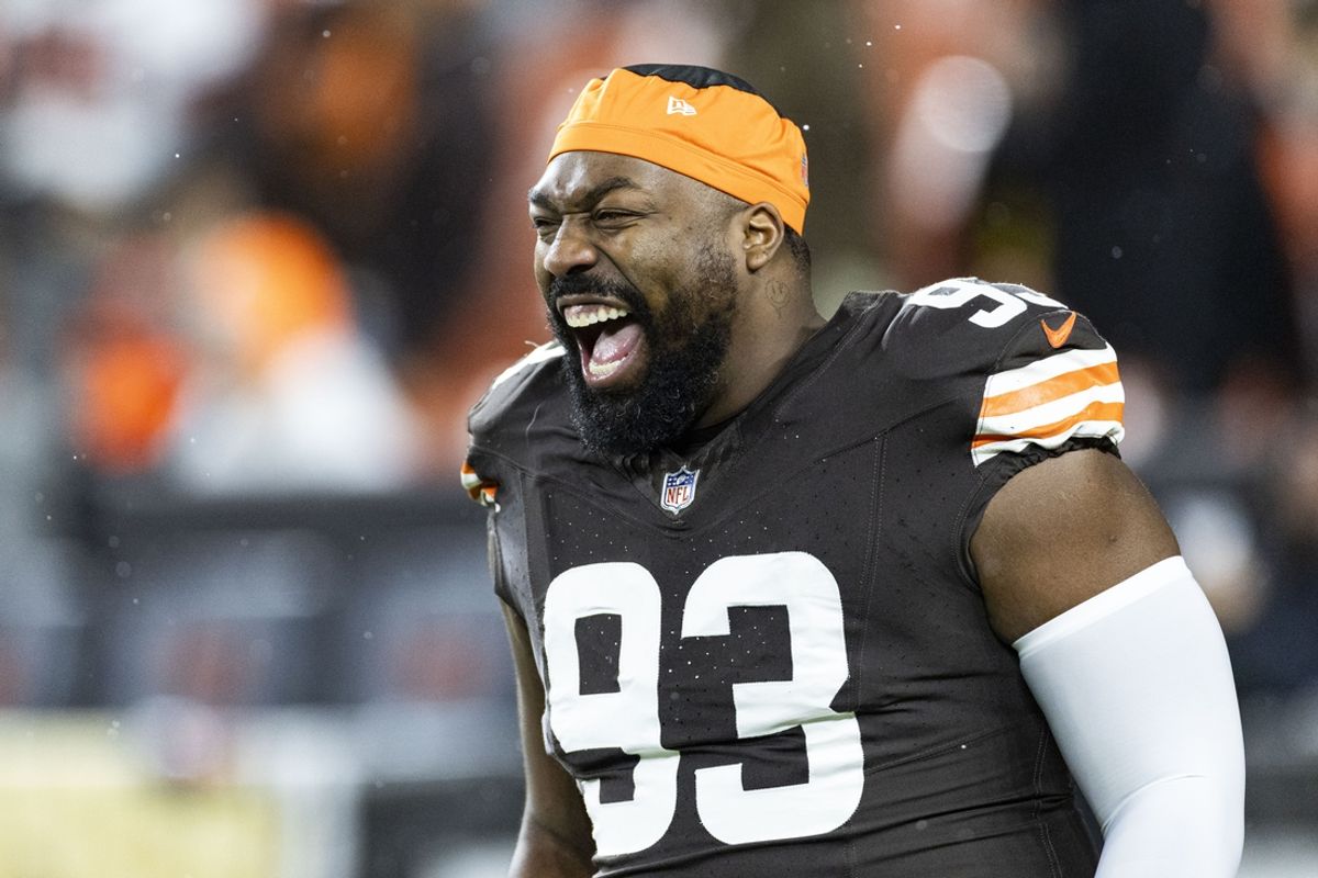 Nov 21, 2024; Cleveland, Ohio, USA; Cleveland Browns defensive tackle Shelby Harris (93) laughs with teammates during warm ups before the game against the Pittsburgh Steelers at Huntington Bank Field Stadium. Mandatory Credit: Scott Galvin-Imagn Images