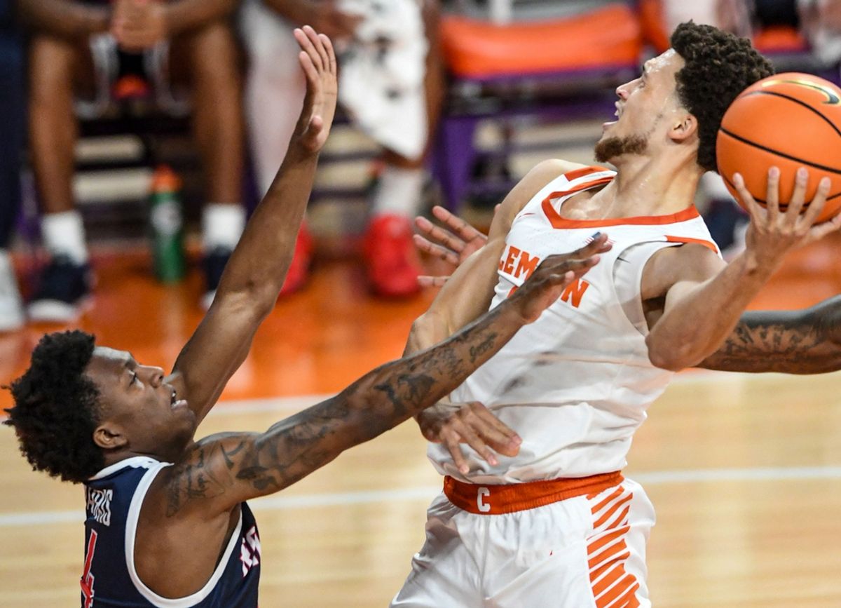 Nov 21, 2024; Clemson, SC, USA; Clemson guard Chase Hunter (1) takes a shot near Radford guard Truth Harris (4) during the first half at Littlejohn Coliseum Thursday, November 21, 2024; Clemson, SC, USA.  Mandatory Credit: Ken Ruinard/USA TODAY Network via Imagn Images