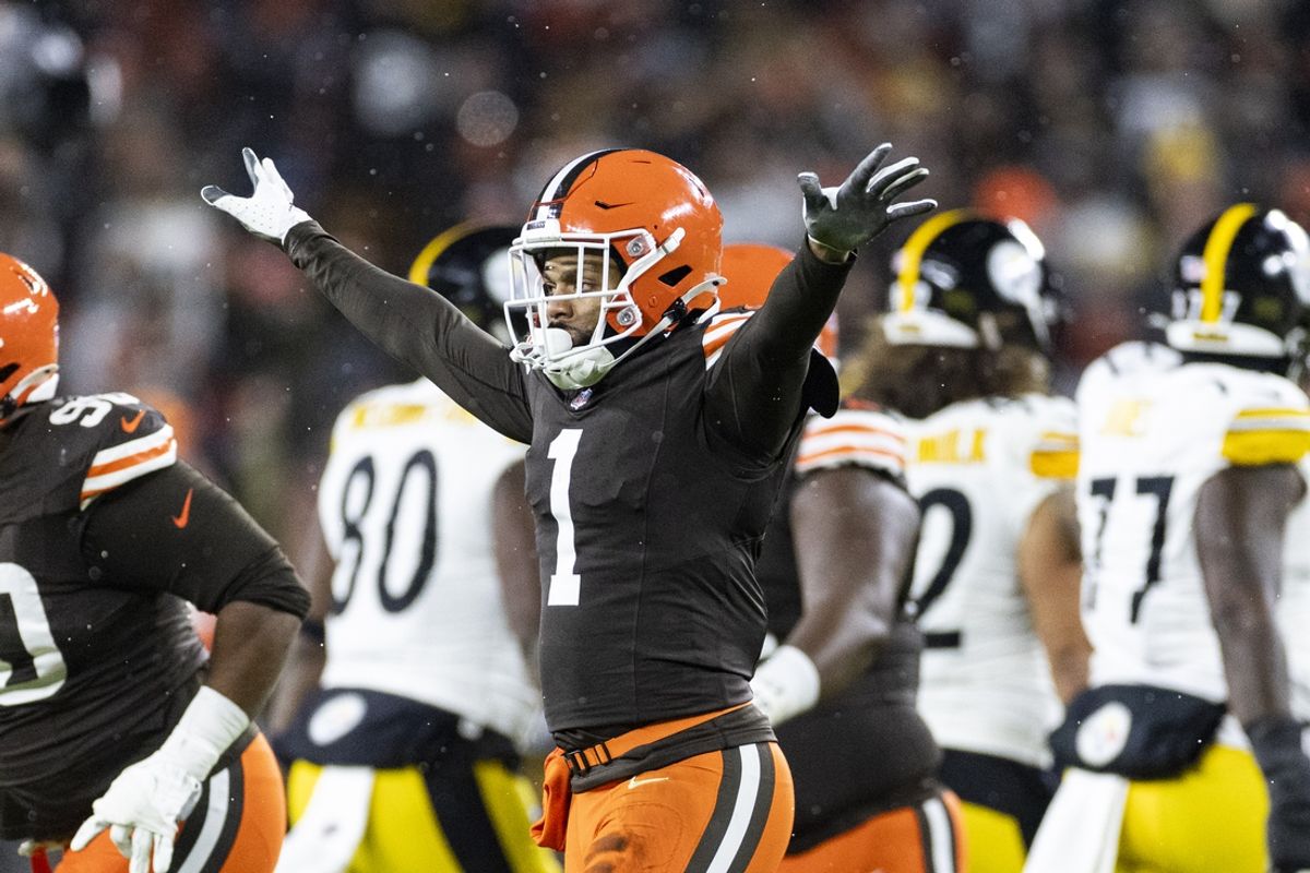 Nov 21, 2024; Cleveland, Ohio, USA; Cleveland Browns safety Juan Thornhill (1) celebrates a missed field goal by the Pittsburgh Steelers during the first quarter at Huntington Bank Field Stadium. Mandatory Credit: Scott Galvin-Imagn Images