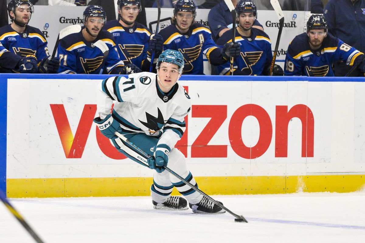Nov 21, 2024; St. Louis, Missouri, USA;  San Jose Sharks center Macklin Celebrini (71) controls the puck against the St. Louis Blues during the first period at Enterprise Center. Mandatory Credit: Jeff Curry-Imagn Images