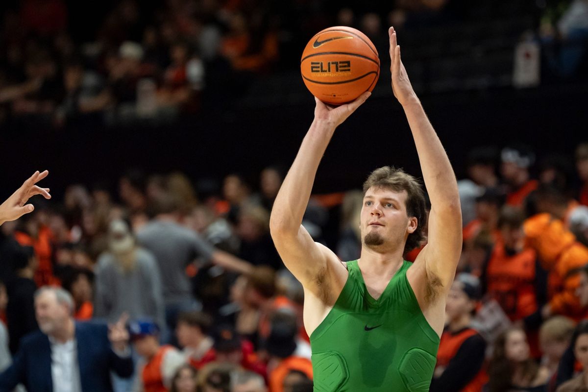 Oregon center Nate Bittle shoots before the game as the Oregon State Beavers host the Oregon Ducks Thursday, Nov. 21, 2024 at Gill Coliseum in Corvallis, Ore.