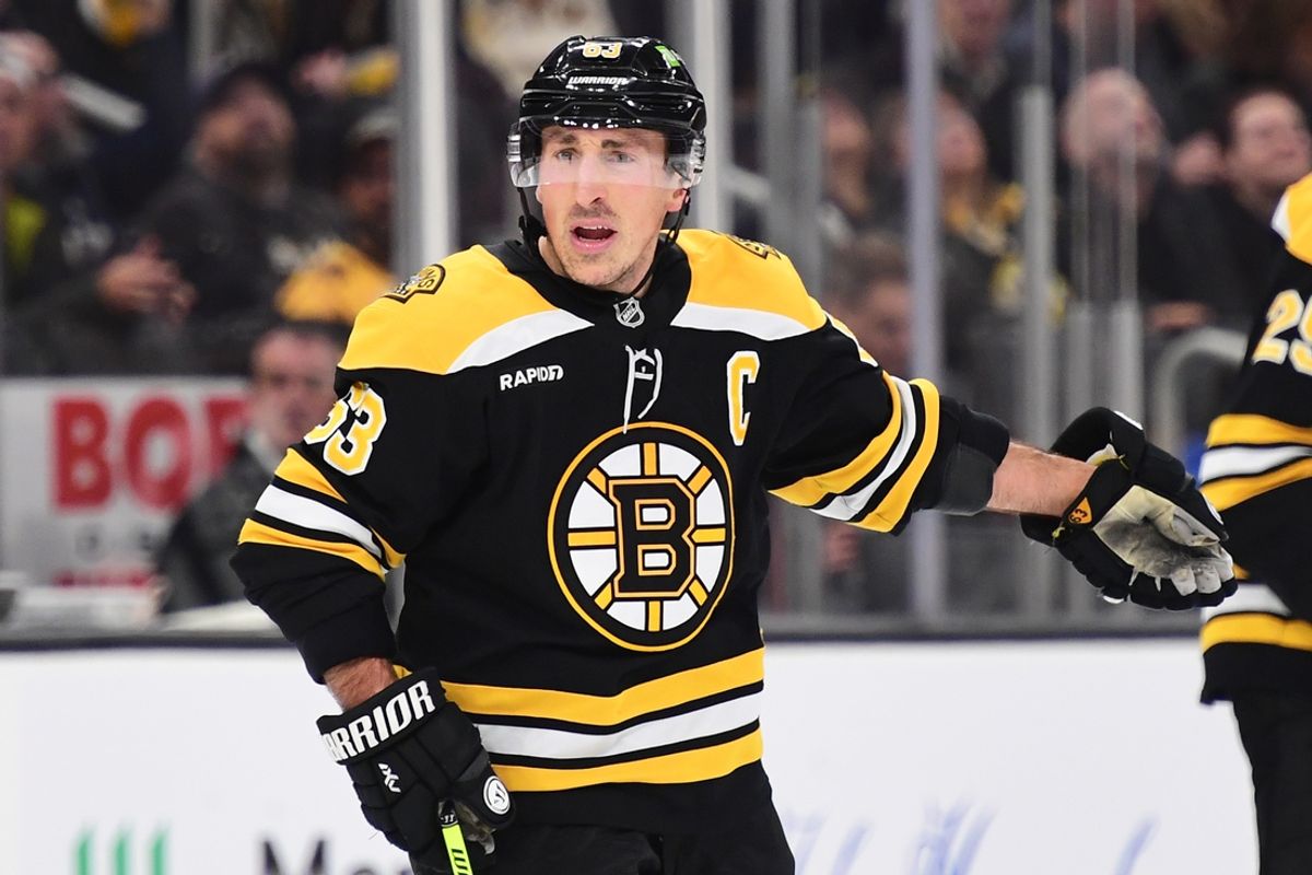 Nov 21, 2024; Boston, Massachusetts, USA;  Boston Bruins left wing Brad Marchand (63) reacts to a call during the third period against the Utah Hockey Club at TD Garden. Mandatory Credit: Bob DeChiara-Imagn Images