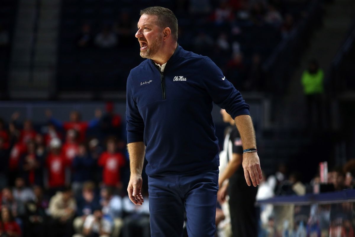 Nov 21, 2024; Oxford, Mississippi, USA; Mississippi Rebels head coach Chris Beard reacts during the second half against the Oral Roberts Golden Eagles at The Sandy and John Black Pavilion at Ole Miss. Mandatory Credit: Petre Thomas-Imagn Images