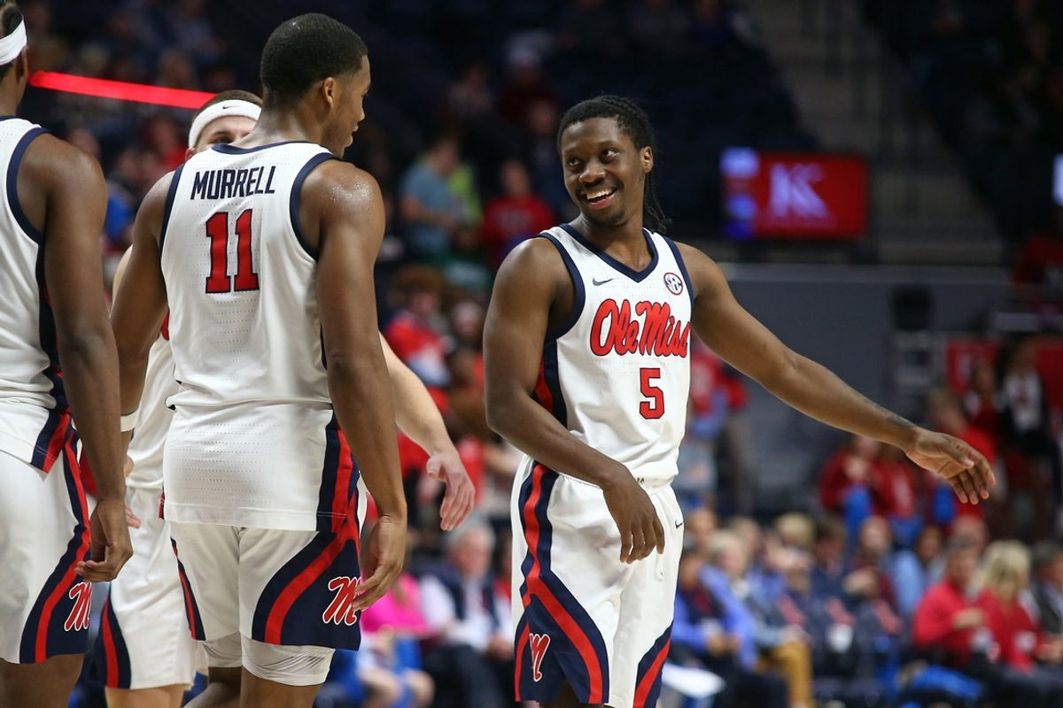 Nov 21, 2024; Oxford, Mississippi, USA; Mississippi Rebels guard Jaylen Murray (5) reacts with guard Matthew Murrell (11) during the second half against the Oral Roberts Golden Eagles at The Sandy and John Black Pavilion at Ole Miss. Mandatory Credit: Petre Thomas-Imagn Images