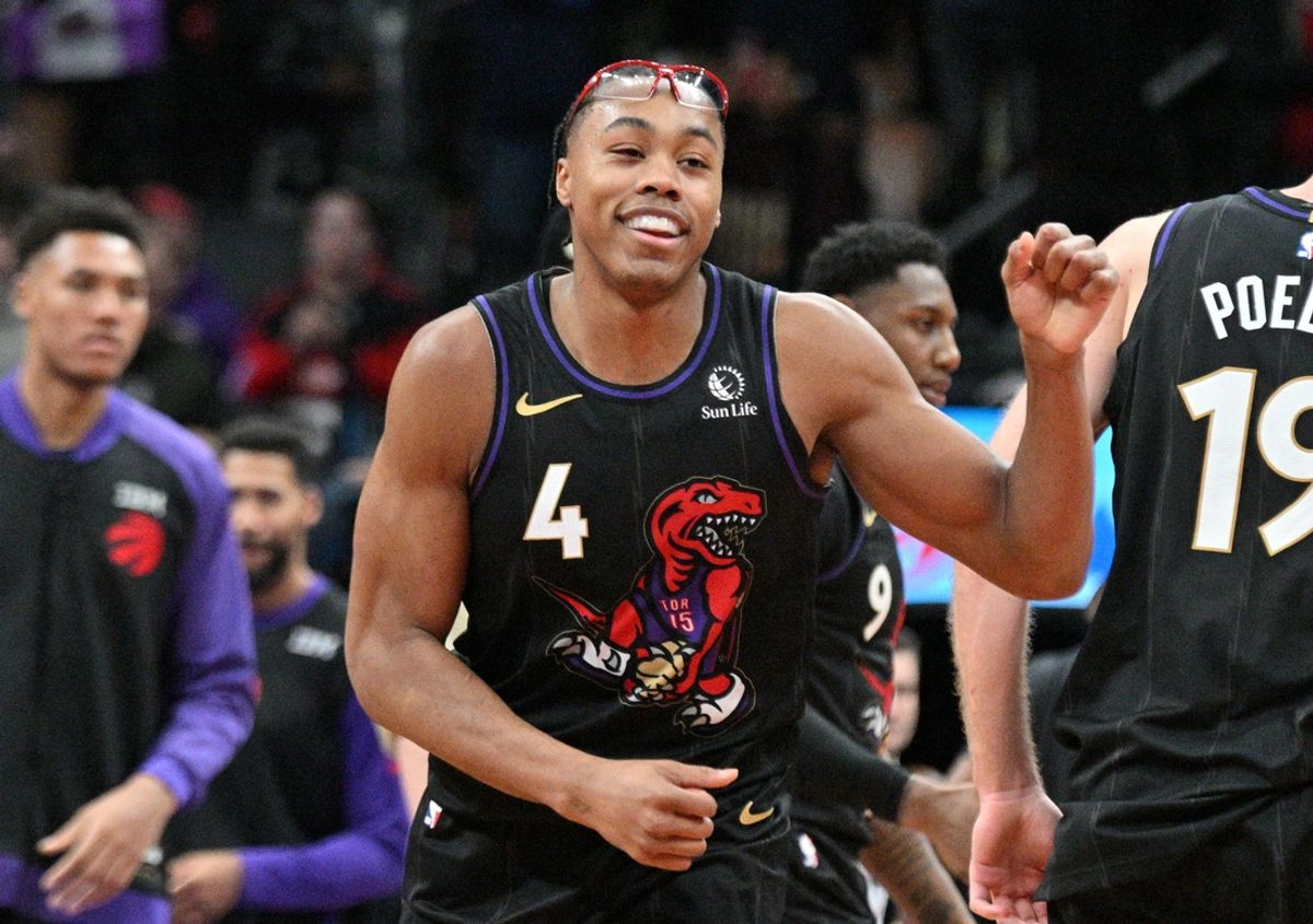 Nov 21, 2024; Toronto, Ontario, CAN;  Toronto Raptors forward Scottie Barnes (4) celebrates after a win over the Minnesota Timberwolves at Scotiabank Arena. Mandatory Credit: Dan Hamilton-Imagn Images