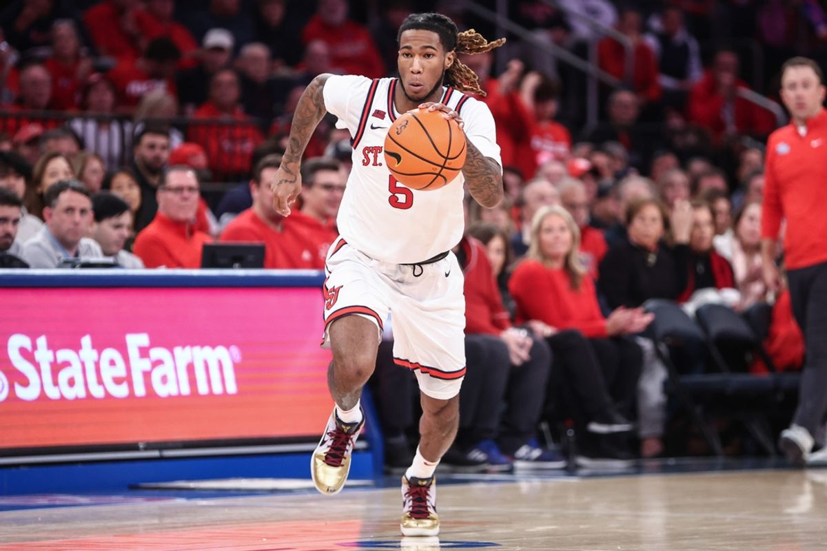 Nov 17, 2024; New York, New York, USA;  St. John's Red Storm guard Deivon Smith (5) at Madison Square Garden. Mandatory Credit: Wendell Cruz-Imagn Images