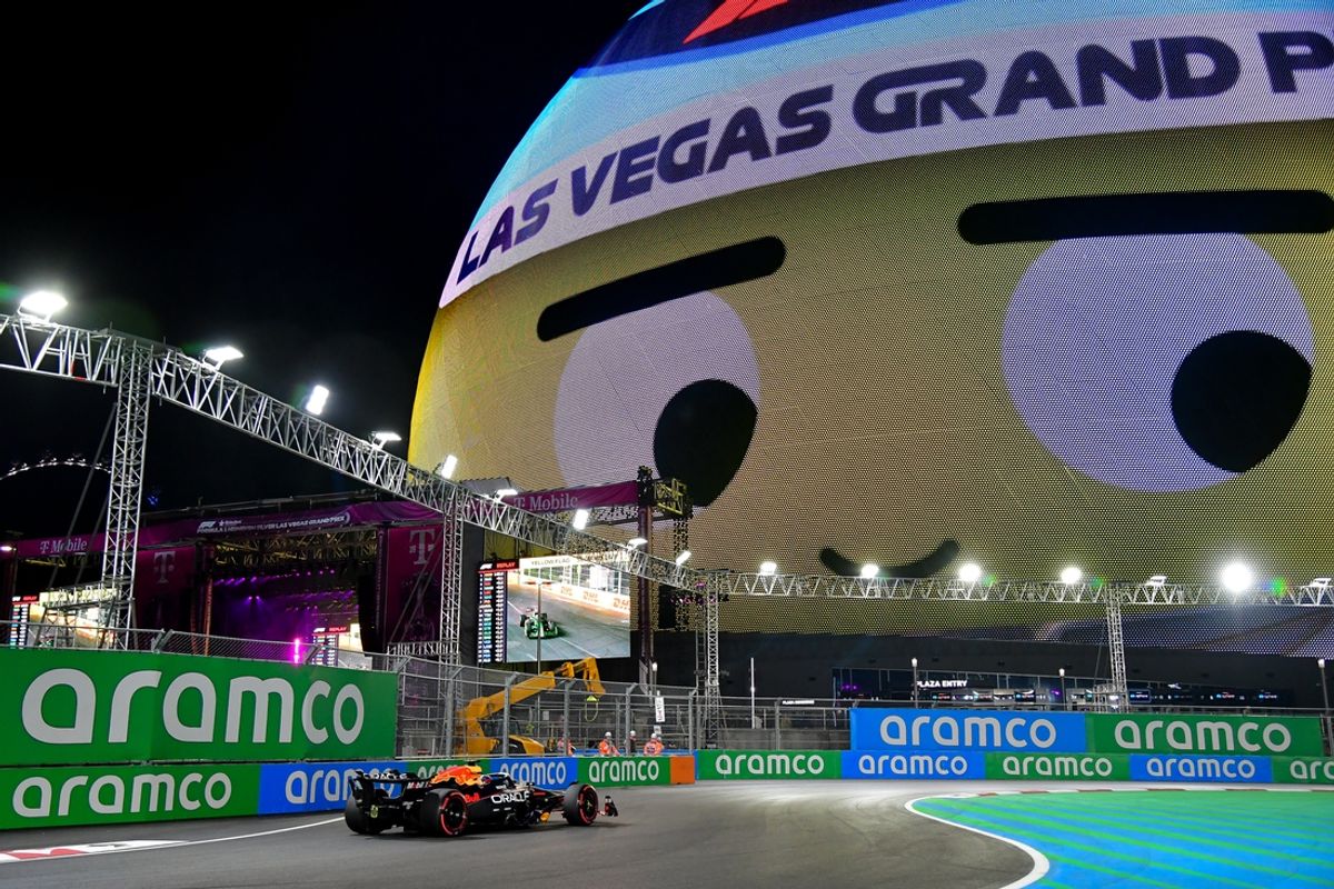 Nov 21, 2024; Las Vegas, Nevada, USA; Oracle Red Bull Racing driver Max Verstappen (1)  during practice for the Las Vegas Grand Prix at Las Vegas Circuit. Mandatory Credit: Gary A. Vasquez-Imagn Images
