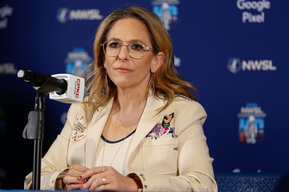 Nov 22, 2024; Kansas City, Missouri, USA; National Womenís Soccer League commissioner Jessica Berman listens to a question during a press conference ahead of the 2024 NWSL Championship match between the Orlando Pride and the Washington Spirit at CPKC Stadium. Mandatory Credit: Kylie Graham-Imagn Images