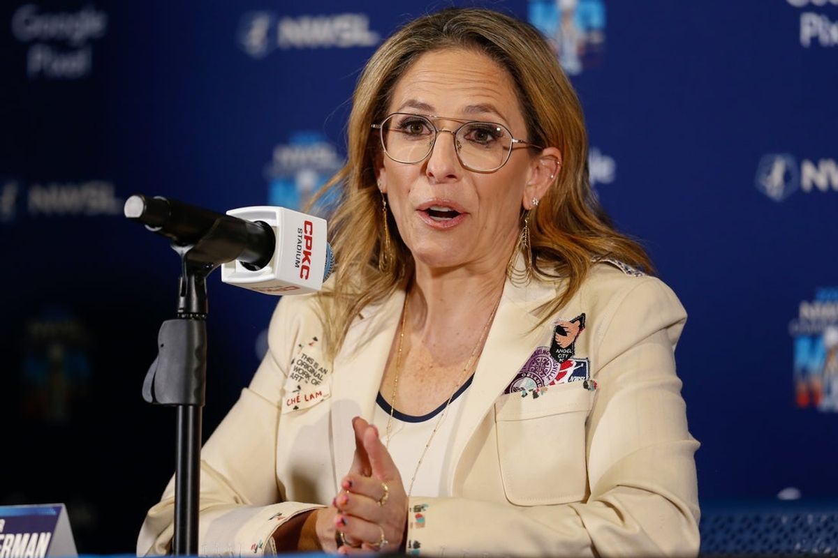 Nov 22, 2024; Kansas City, Missouri, USA; National Womenís Soccer League commissioner Jessica Berman answers a question during a press conference ahead of the 2024 NWSL Championship match between the Orlando Pride and the Washington Spirit at CPKC Stadium. Mandatory Credit: Kylie Graham-Imagn Images