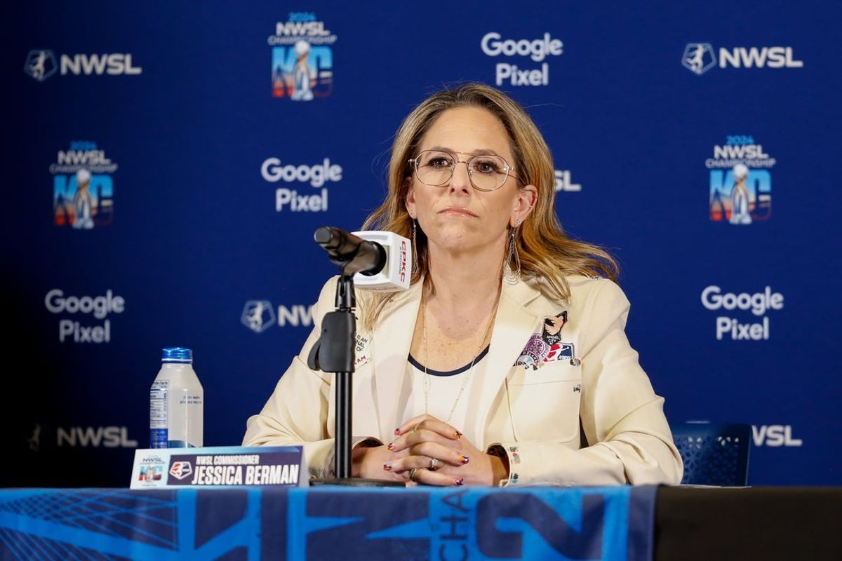 Nov 22, 2024; Kansas City, Missouri, USA; National Womenís Soccer League commissioner Jessica Berman listens to a question during a press conference ahead of the 2024 NWSL Championship match between the Orlando Pride and the Washington Spirit at CPKC Stadium. Mandatory Credit: Kylie Graham-Imagn Images