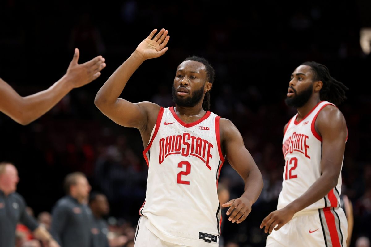 Nov 22, 2024; Columbus, Ohio, USA;  Ohio State Buckeyes guard Bruce Thornton (2) celebrates a basket during the first half against the Campbell Fighting Camels at Value City Arena. Mandatory Credit: Joseph Maiorana-Imagn Images