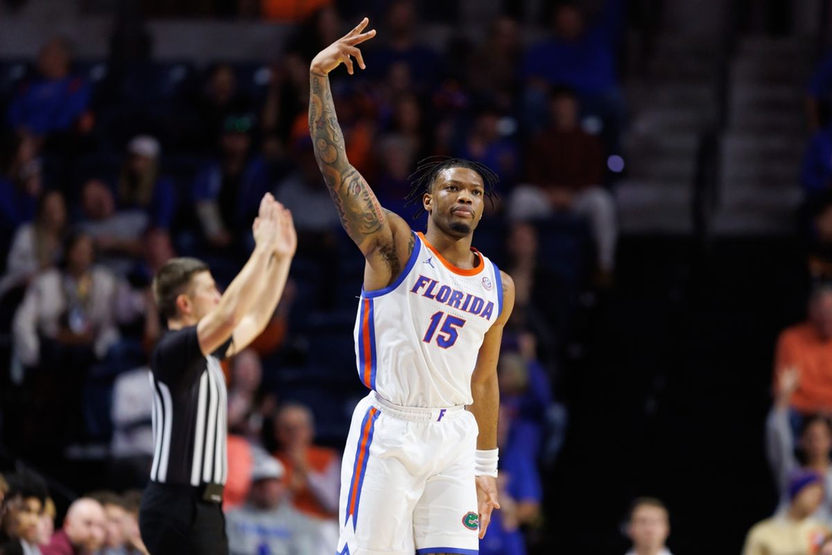 Nov 22, 2024; Gainesville, Florida, USA; Florida Gators guard Alijah Martin (15) gestures after making a three point basket against the Southern Illinois Salukis during the first half at Exactech Arena at the Stephen C. O'Connell Center. Mandatory Credit: Matt Pendleton-Imagn Images