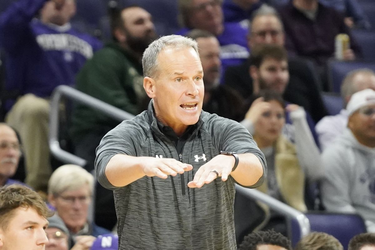Nov 22, 2024; Evanston, Illinois, USA; Northwestern Wildcats head coach Chris Collins gestures to his team against the Pepperdine Waves during the first half at Welsh-Ryan Arena. Mandatory Credit: David Banks-Imagn Images