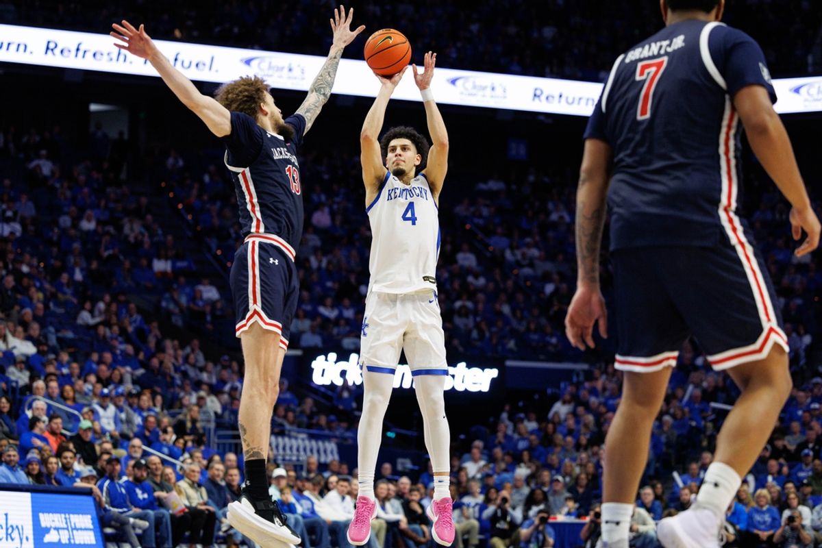 Nov 22, 2024; Lexington, Kentucky, USA; Kentucky Wildcats guard Koby Brea (4) makes a three point basket during the second half against the Jackson State Tigers at Rupp Arena at Central Bank Center. Mandatory Credit: Jordan Prather-Imagn Images