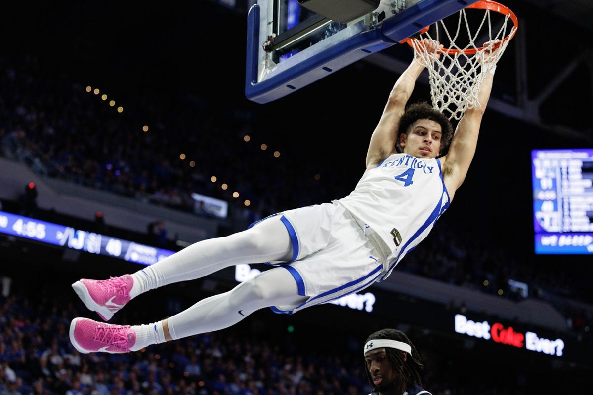 Nov 22, 2024; Lexington, Kentucky, USA; Kentucky Wildcats guard Koby Brea (4) dunks the ball during the second half against the Jackson State Tigers at Rupp Arena at Central Bank Center. Mandatory Credit: Jordan Prather-Imagn Images