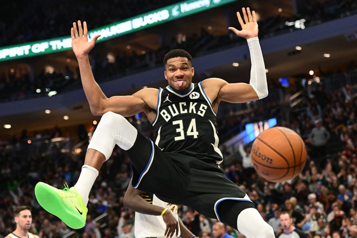 Nov 22, 2024; Milwaukee, Wisconsin, USA; Milwaukee Bucks forward Giannis Antetokounmpo (34) reacts after dunking a basket in the third quarter against the Indiana Pacers at Fiserv Forum. Mandatory Credit: Benny Sieu-Imagn Images