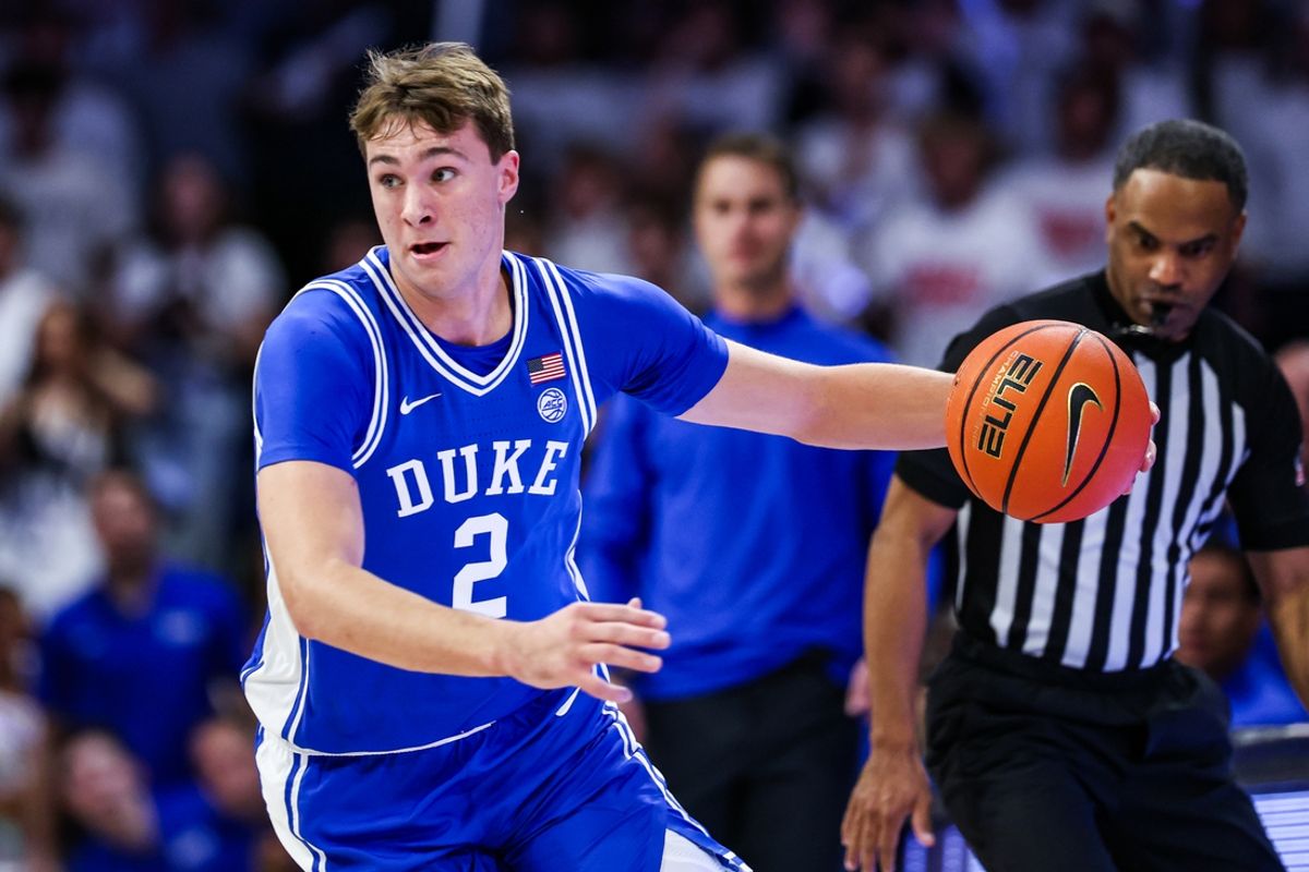 Nov 22, 2024; Tucson, Arizona, USA; Duke Blue Devils guard Cooper Flagg (2) dribbles the ball during the first half against the Arizona Wildcats at McKale Center. Mandatory Credit: Aryanna Frank-Imagn Images