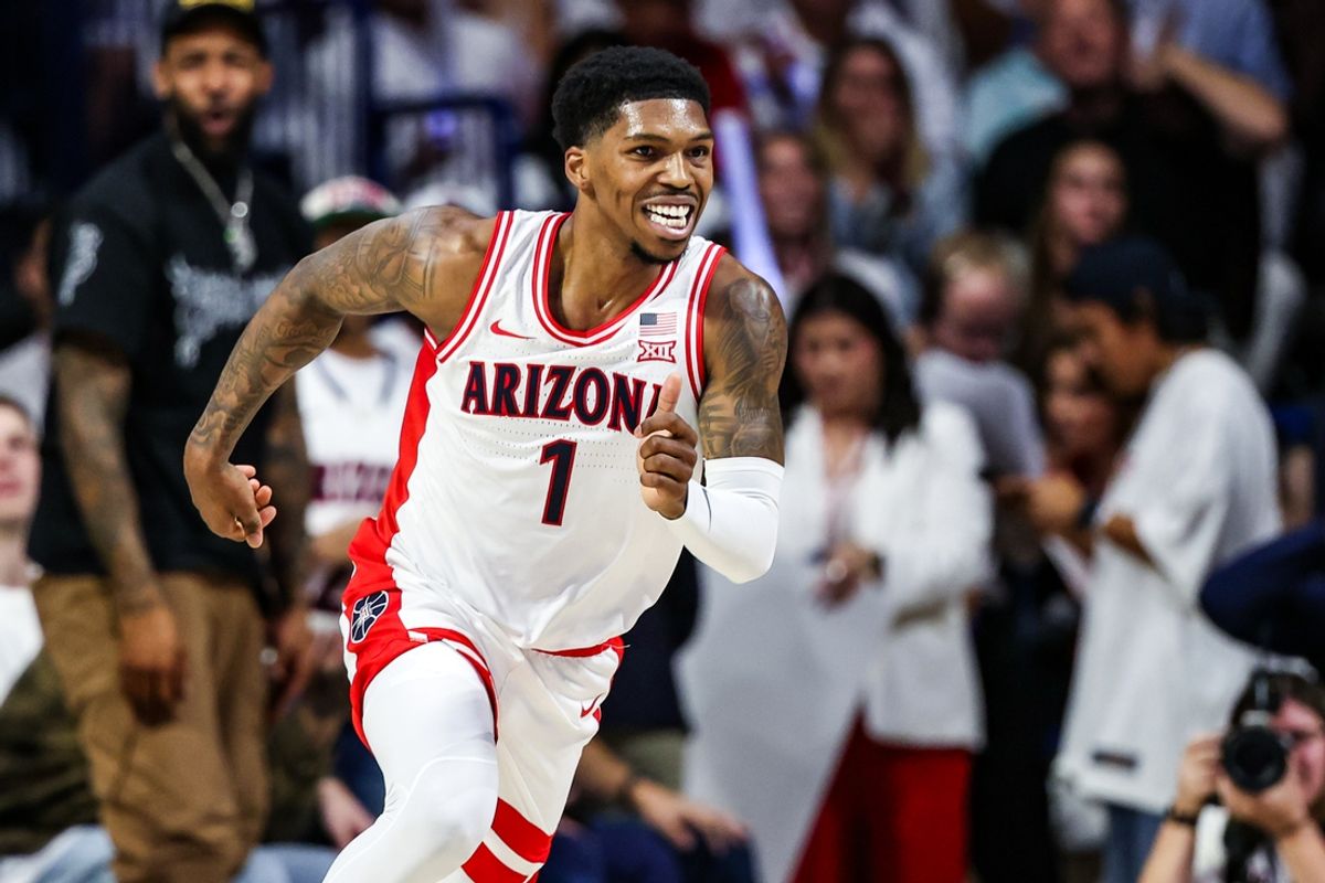 Nov 22, 2024; Tucson, Arizona, USA; Arizona Wildcats guard Caleb Love (1) smiles after a three pointer was made during the first half against the Duke Blue Devils at McKale Center. Mandatory Credit: Aryanna Frank-Imagn Images
